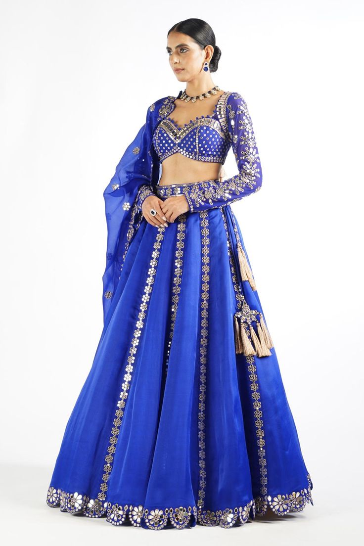 Buy Vvani by Vani Vats Blue Mirror Embroidered Lehenga Set Online | Aza Fashions Rajasthani Poshak, Sweetheart Neck Blouse, Royal Blue Lehenga, Vani Vats, Mirror Border, Dresses Traditional, Organza Blouse, Blue Lehenga, Outfits Petite