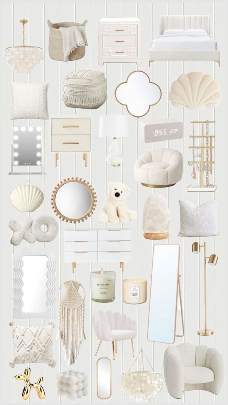 a collage of white and gold items on a wall with text that reads,