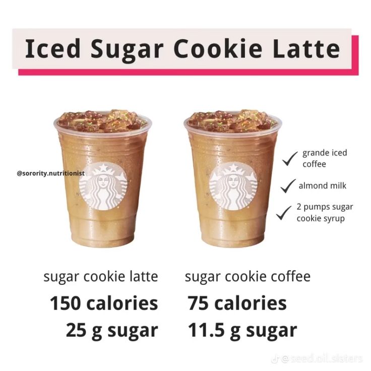 two cups with different toppings on them, one is iced sugar cookie latte