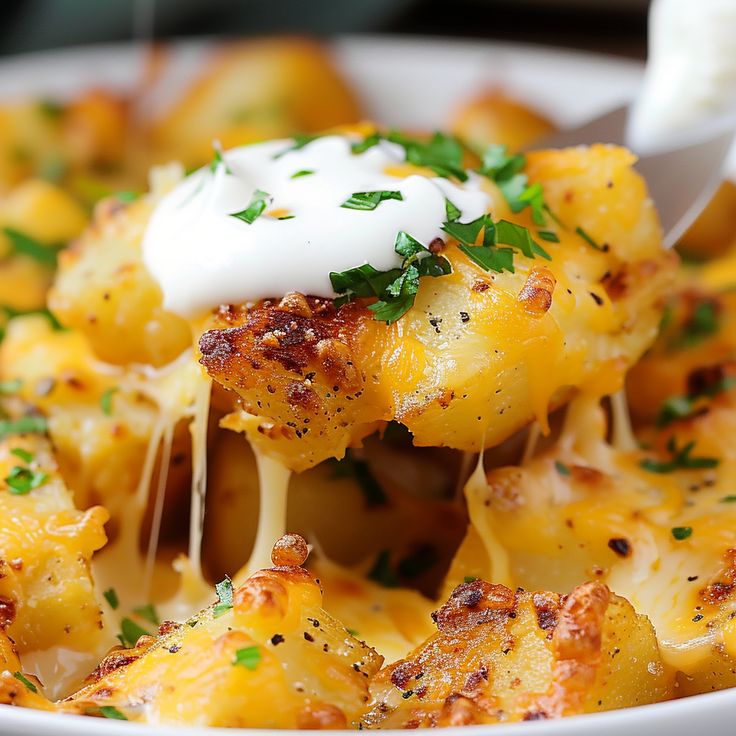 a white bowl filled with macaroni and cheese covered in sour cream, garnished with parsley