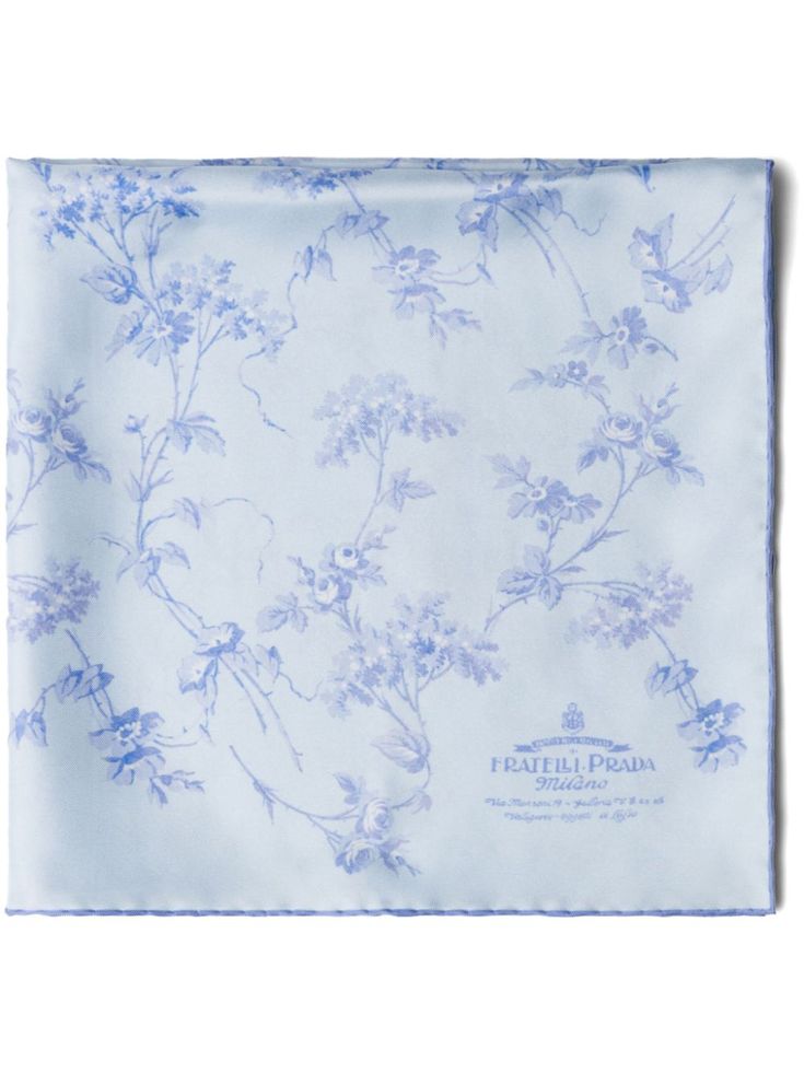 light blue silk twill weave all-over floral print logo print to the front contrasting trim square shape finished edge Universal Symbols, Archive Logo, Bohemian Wedding Guest, Beauty Flowers, Prada Collection, Logo Floral, Silk Twill Scarf, Floral Squares, Printed Silk Scarf