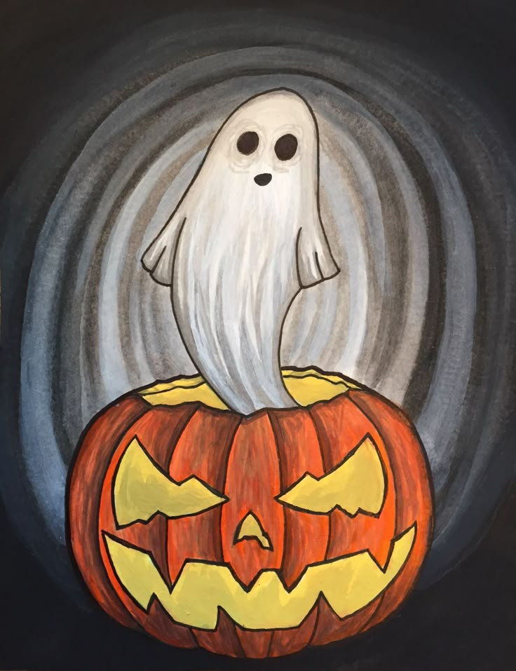 a painting of a ghost sitting on top of a pumpkin