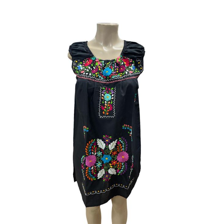 Gorgeous Mexican Dress With Multicolor Floral Embroidery Made By Hand! Elastic Neckline And Sleeves, Super Cute Off-Shoulder Style! Design And Color Of Embroidery May Vary With Every Dress. Black Bohemian Embroidered Dress With Geometric Pattern, Black Embroidered Dress With Geometric Patterns For Spring, Black Dress With Geometric Embroidery For Spring, Traditional Black Spring Dresses, Black Folk Style Summer Dress, Black Folk Dress With Floral Embroidery, Traditional Black Embroidered Dress, Traditional Black Dress With Embroidered Neckline, Traditional Black Dress With Embroidered Hem