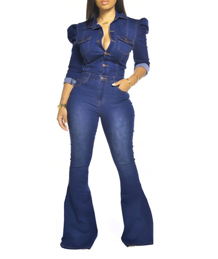 PRICES MAY VARY. ★Material Type☆★Polyester+Cotton.Washed Denim.Comfy,Stretchy,Qualified to wear.NO BELT. ★Features☆★Lapel Denim Jumpsuits,Sexy Button Down,Long Sleeve,Puff Shoulder,Wide Leg Flare Jean Pants,Belt Hole,Full Length,Pockets,Plus Size,Long One Piece Slim Fit Jumpsuit Suit ★Occasions☆★ Oversized and Elegant Rompers Suit for Clubwear,Casual,Cocktail,Night out,School,Beach,Street,Work,Outdoors,Holiday,Date,Party,Evening.Season for Spring,Summer,Fall and Winter. ★☆Washing☆★ Machine Washa Cheap Denim Jumpsuit For Day Out, Cheap Fitted Denim Jumpsuit For Fall, Cheap High-waist Denim Jumpsuits And Rompers, Cheap Denim Blue Jumpsuits And Rompers For Spring, Luxury Washed Denim Jacket For Workwear, Chic Cheap Denim Jumpsuit For Women, Cheap Dark Wash Denim Jumpsuit With Long Sleeves, Cheap Spring Denim Jumpsuits And Rompers, Cheap Denim Blue Bottoms For Night Out