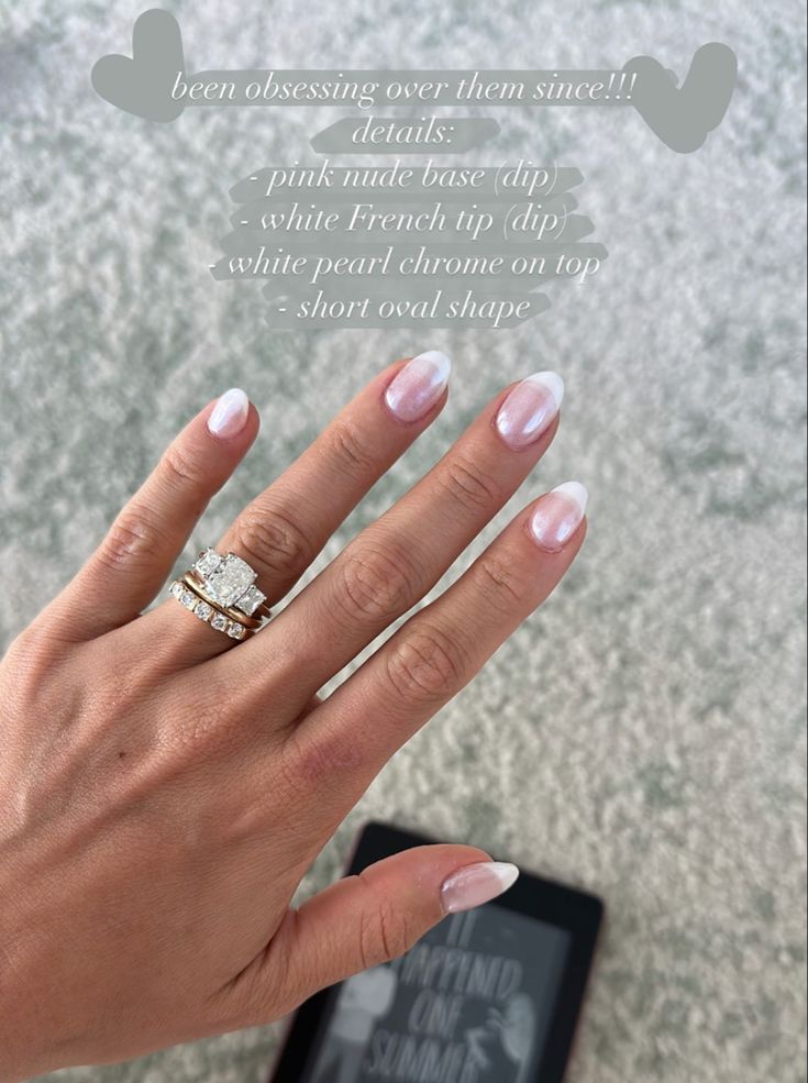 Nail Inspiration Bridesmaid, Short French Tip Acrylic Nails Chrome, Engagement Nails Sns, Rounded Bridal Nails, Short Almond Nails Chrome French Tip, Short Oval Bridal Nails, French Tip With Sparkle Top Coat, Dip Engagement Nails, French Dip Wedding Nails