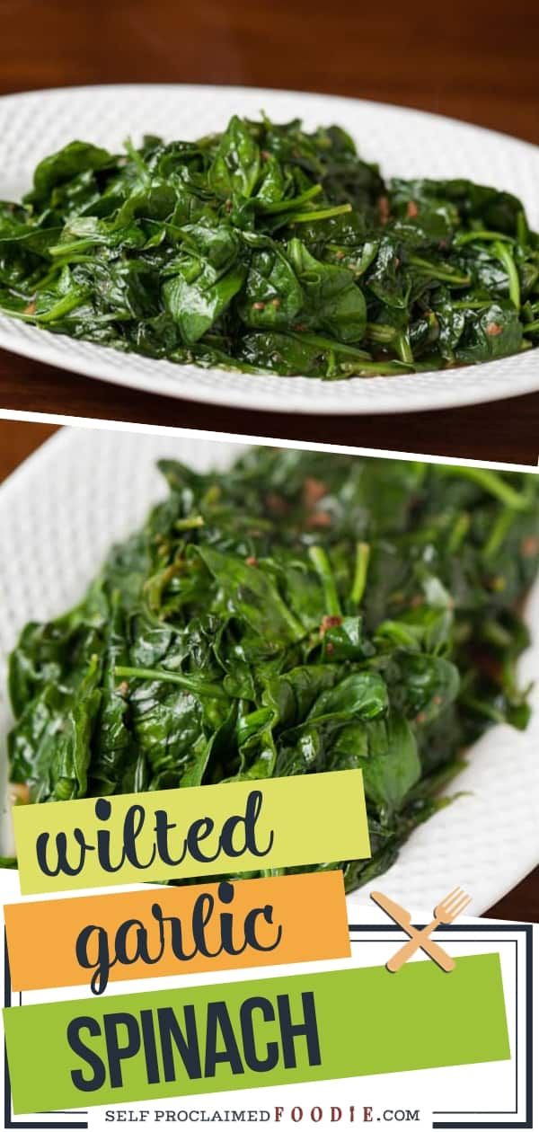 spinach on a white plate with the words wired garlic and spinach