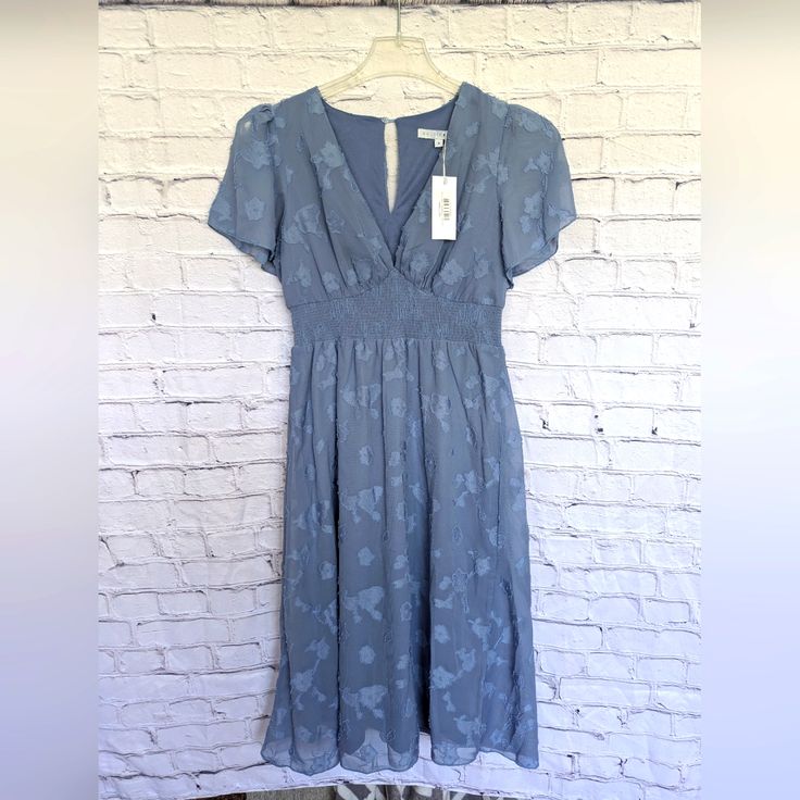 Baltic Born June Smocked Midi Dress Dusty Blue Size S Nwt Blue V-neck Midi Dress With Smocked Bodice, Blue Smocked Dress With Ruched V-neck, Blue Dress With Fitted Waist For Spring, Blue V-neck Smocked Dress For Spring, Spring V-neck Blue Smocked Dress, Spring Blue V-neck Smocked Dress, Blue V-neck Smocked Dress, Blue Fitted V-neck Smocked Dress, Fitted Blue V-neck Smocked Dress