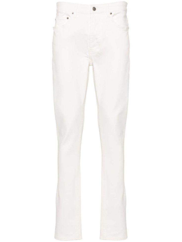 white cotton blend denim crinkled finish embroidered logo to the rear mid-rise belt loops button fly fastening classic five pockets slim cut Slim Fit Jeans, Fit Jeans, Stretch Cotton, White Cotton, White Jeans, Mens Jeans, Mid Rise, Top Brands, Straight Leg