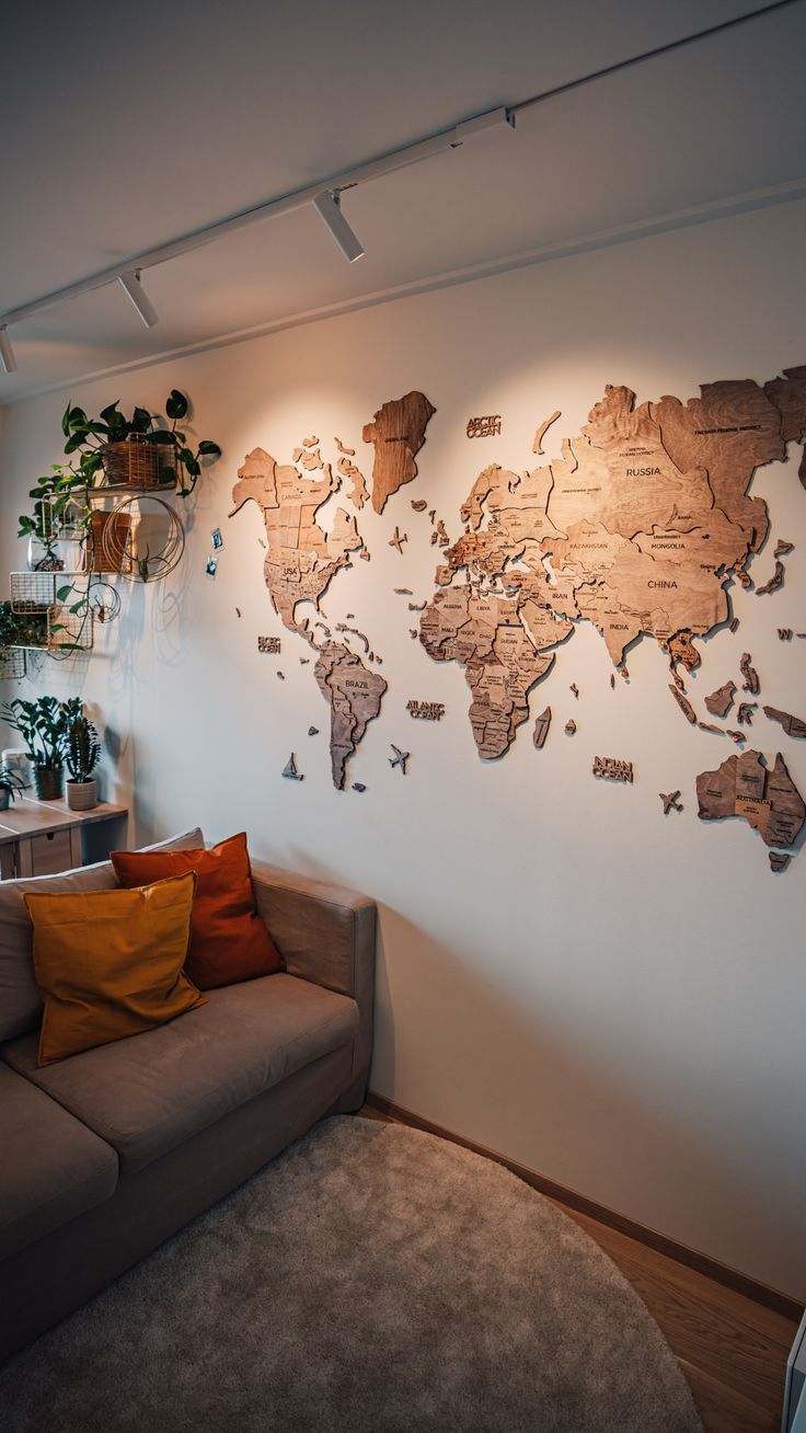 a living room with a couch and a world map on the wall