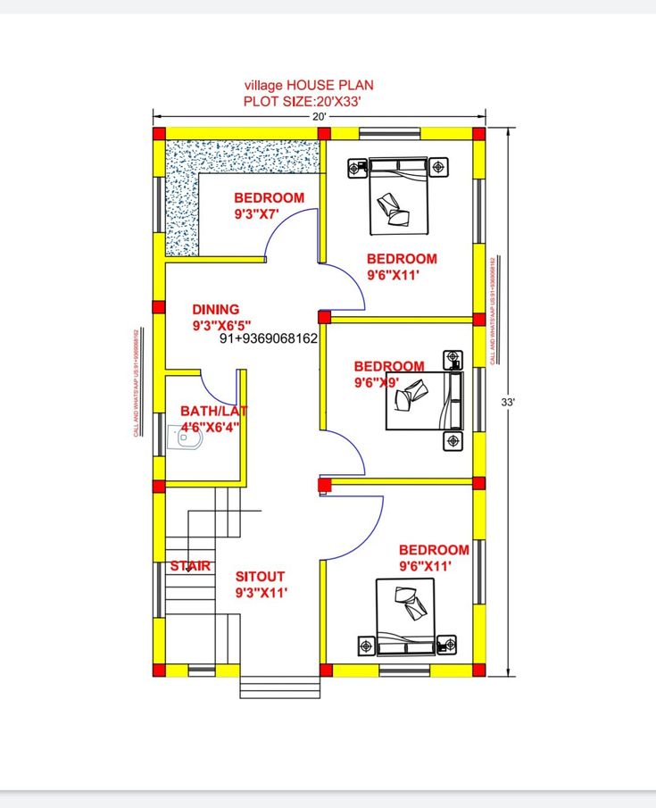 the floor plan for a small house with three bedroom and two bathrooms, including an attached bathroom