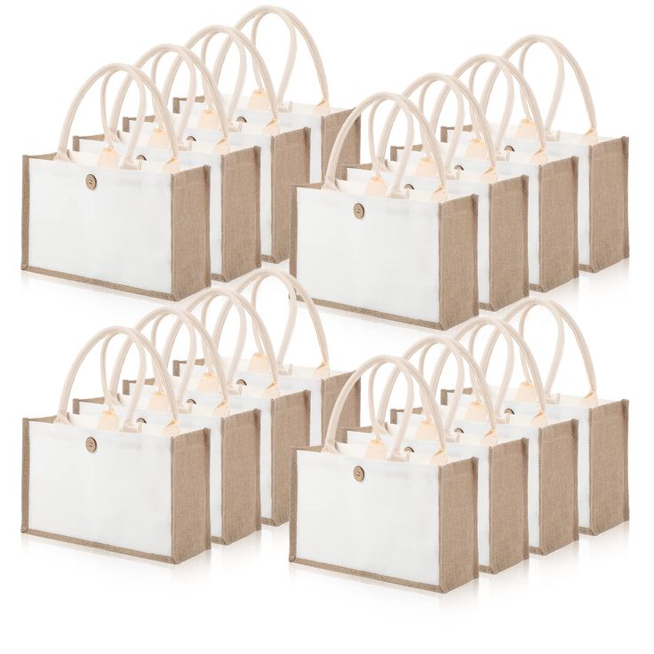 six bags with handles are lined up together