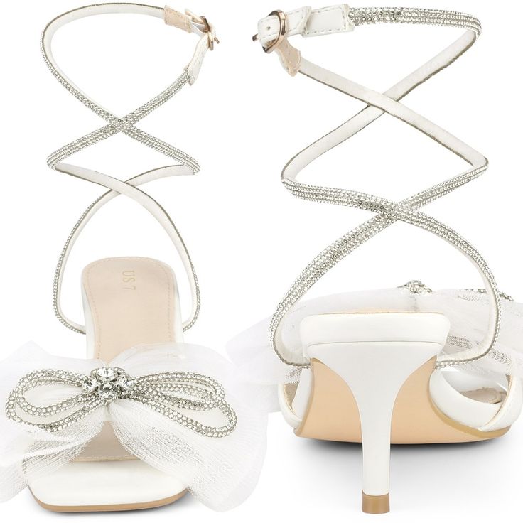 Looking for a stylish and comfortable sandal to add to your collection? Look no further than this must-have party dinner sandal! Featuring a square open toe and a beautiful rhinestone bow toe, this sandal is sure to add a touch of sparkle to any summer outfit. The rhinestone strap decoration adds to the overall elegance of this sandal. Crafted with good quality materials, this sandal boasts a faux leather and rhinestone upper, a durable rubber outsole, and a 2.7-inch ABS heel. The lace-up closur Prom Sandals With Rhinestones And Open Toe, Open Toe Heels For Dinner, Rhinestone Embellished Open Heel Sandals For Events, Summer Rhinestone Heels With Square Toe, Glamorous Evening Sandals With Square Toe, Square Toe Sandals For Summer Wedding, Glamorous Square Toe Sandals For Party, Summer Wedding Sandals With Square Toe, Summer Wedding Square Toe Sandals