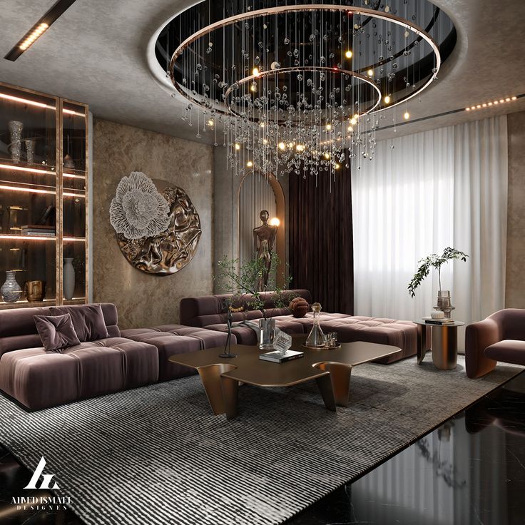 an elegant living room with chandelier and couches