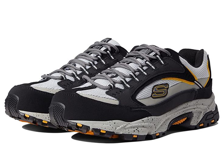 SKECHERS Work Stamina Steel Toe - Men's Shoes : Black/Gray : These SKECHERS Work Stamina Steel Toe shoes keep you safe from any electric hazards. Steel toe rated ASTM F2412-2011 I/75 C/75 protection and meets ASTM F2413-2011 Electrical Hazard (EH) safety standards. Leather and textile upper. Textile lining. Synthetic memory foam, removable footbed. Steel toe. Lace-up closure. Synthetic outsole meets ASTM F2913 Slip Resistant Safety Standards under Wet/Dry conditions only. Imported. Measurements: Steel Toe Lace-up Sneakers For Streetwear, Black Steel Toe Sneakers For Safety, Black Steel Toe Safety Sneakers, Functional Steel Toe Sneakers For Sports, Steel Toe Lace-up Safety Sneakers, Steel Toe Safety Sneakers Lace-up, Black Impact-resistant Lace-up Sneakers, Black Lace-up Impact Resistant Sneakers, Sporty Steel Toe Sneakers With Round Toe