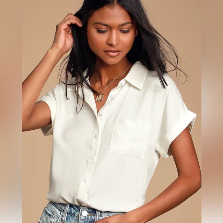 Women Woven White Shirt. New With Tags Classic Tops With Rolled Sleeves For Day Out, Trendy White Short Sleeve Shirt For Spring, White Blouse With Rolled Sleeves For Day Out, Trendy Short Sleeve Tops For Daytime, Daytime Relaxed Fit Short Sleeve Tops, Casual Short Sleeve Tops For Daytime, Collared Tops For Daytime In Summer, Daytime Relaxed Fit Short Sleeve Blouse, Relaxed Fit Short Sleeve Blouse For Daytime