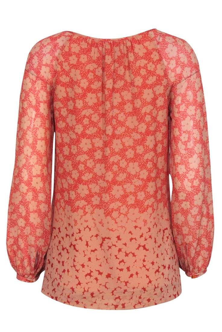 Bring color to the office with this blouse from Tory Burch! A pretty floral pattern that fades from light red to dark red elevates this 100% silk top. A classic professional piece with a colorful twist and a beautiful fabric. The lightweight silk and long sleeve combo is perfect for an office look. Pair with a wide leg pant and pump for an elevated professional look. Size 2 Shell: 100% Silk Lining: 100% Polyester Pullover Lined body Relaxed silhouette Crew neckline with button keyhole Long sleev Red Silk Blouse For Work, Formal Printed Tops For Spring, Feminine Red Blouse For Work, Formal Floral Print Top For Fall, Spring Formal Printed Tops, Red Silk Blouse For Spring, Red Silk Printed Tops, Feminine Formal Blouse With Floral Print, Workwear Red Blouse With Floral Print