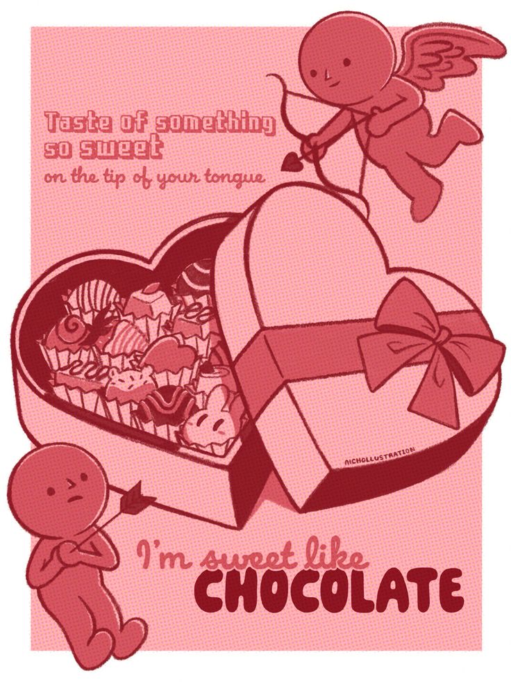 Valentine’s Day inspired poster with smiski feat chocolate by chuu lyrics Smiski Poster Prints, Chocolate Box Illustration, Valentine's Day Poster Design Ideas, Typography Illustration Design, Cupid Graphic Design, Valentine Design Poster, Valentine Poster Graphics, Love Poster Design Ideas, Valentine’s Day Design