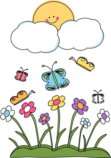 the sun is shining over some flowers and butterflies in the sky with clouds above it