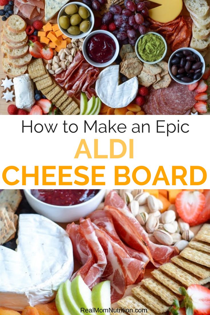 an assortment of cheeses and meats on a platter with the title how to make an epic aldi cheese board