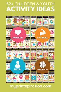 the cover of 52 children and youth activity ideas, with images of people in different colors