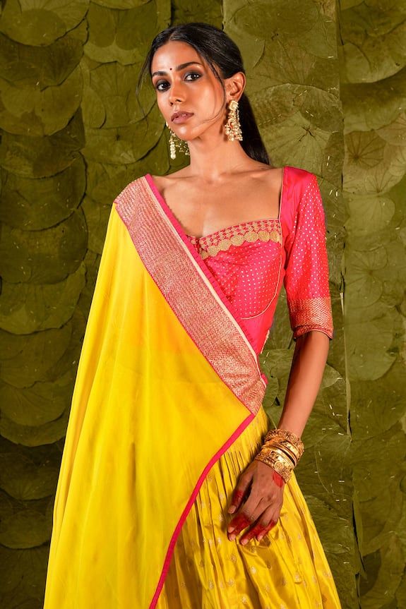 Passionfruit yellow lehenga with gold zari beaten hand embroidery. Paired with a pink embroidered blouse and fan pleat trimmed embroidered dupatta. - Aza Fashions Yellow Lehenga, Embroidered Lehenga, Embroidered Dupatta, Embroidered Silk, Embroidered Blouse, Set For Women, Aza Fashion, Lehenga, Hand Embroidery