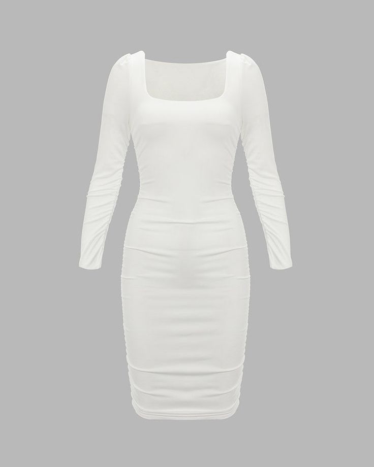 Product Details: Square neck collar dress with ruched detailLength:MiniSleeve Length: Long sleevesMaterials:83% Polyester + 17% Spandex White Tight Dresses, 90s Y2k Fashion, 90s Hip Hop Fashion, Aesthetic Dress, Y2k Summer, Hoco Dresses, Maxi Dresses Casual, Crop Top Blouse, Hip Hop Fashion