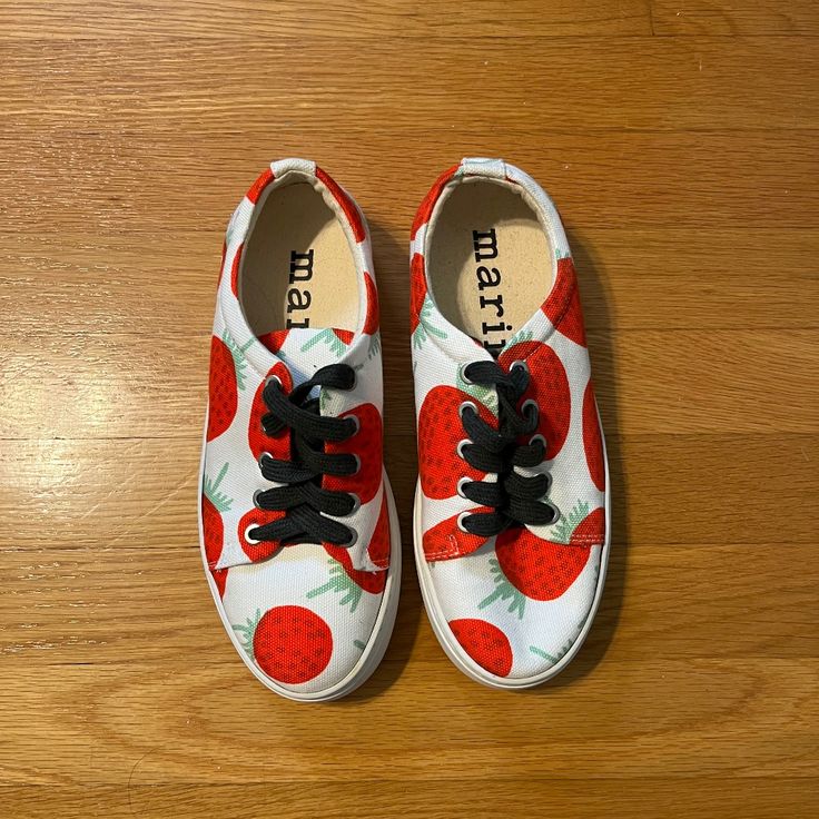 Super Cute And Comfortable Sneaker Featuring Marimekko's Sweet, Summery Strawberry Print And A Cushy Sole Made In Part With Recycled Rubber. Size 8. Brand New Without Tags. Never Worn. Style Name: Marimekko Drutha Mansikka Strawberry Print Sneaker Trendy Red Sneakers For Summer, Trendy Red Summer Sneakers, Red Low-top Sneakers For Summer, Summer Sneakers With Red Sole And Round Toe, Red Lace-up Summer Sneakers, White Fabric Sneakers For Spring, Strawberry Print, Print Sneakers, Recycled Rubber