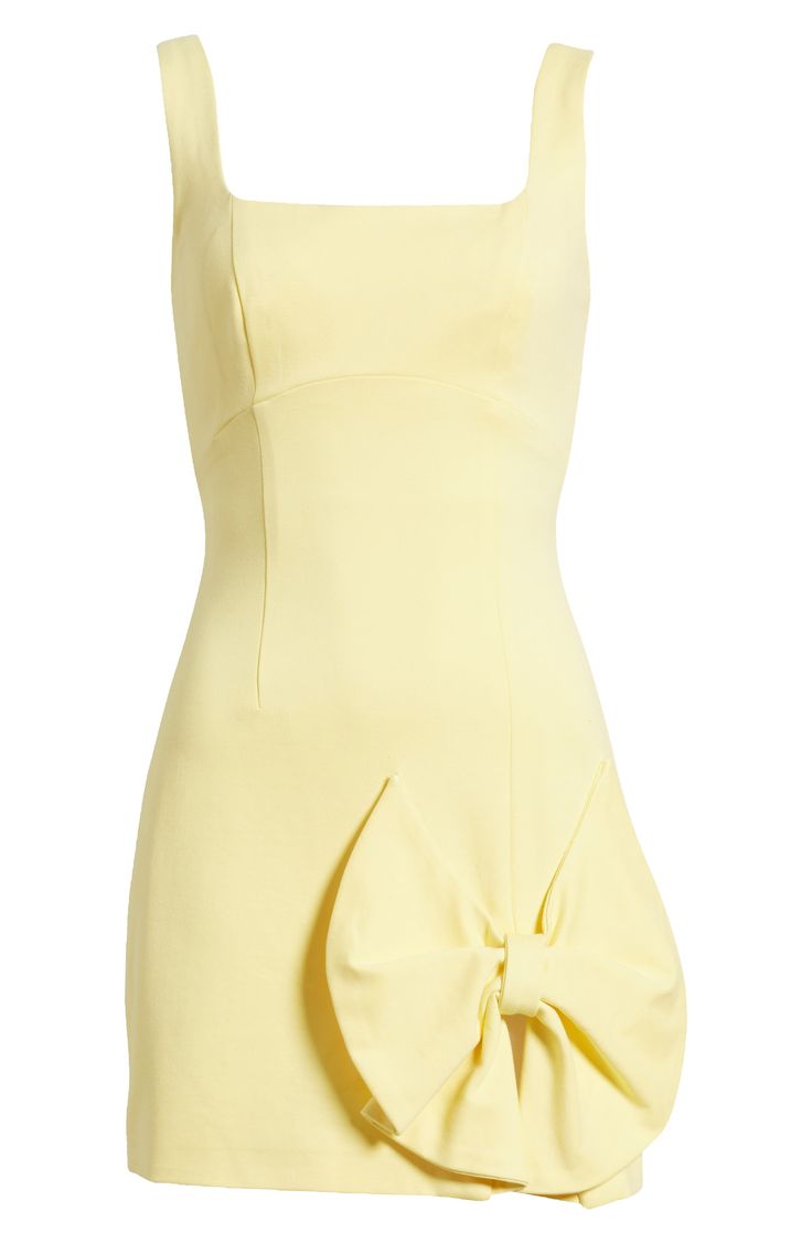 An oversized bow punctuates the hem of this pastel minidress made with comfortable stretch. Hidden back-zip closure Square neck Lined 68% viscose, 28% polyamide, 4% spandex Hand wash, line dry Imported Zimmerman Yellow Dress, Yellow Dress Homecoming, Yellow One Shoulder Mini Dress, Yellow Hoco Dress, College Graduation Dresses, Unique Mini Dress, Colorful Mini Dress, Unique Mini Dresses, Senior Hoco