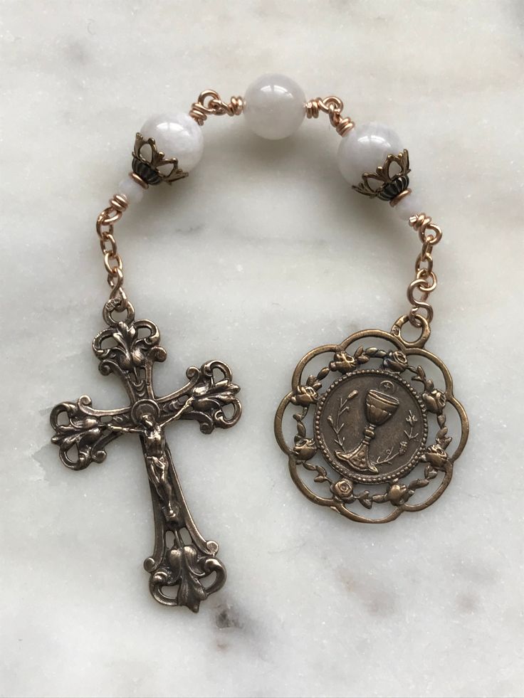 Three Hail Mary Chaplet 8mm Moonstone Gemstones 20 gauge solid bronze wire - wire wrapped Antique Jewelry With 8mm Beads For Gift, Antique Jewelry With 8mm Beads As Gift, Antique 8mm Beads Jewelry As Gift, Chaplet Rosary, Moonstone Gemstones, Custom Rosary, Bestest Friend, Hail Mary, Rosary Catholic