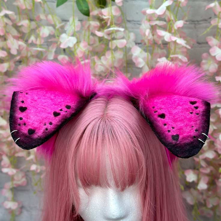 UV Pink and Black Puppy Ears Headband and large curled husky tail! Neon Pink floppy puppy ears with black airbrush shading. Added black heart spots onto ears! Tail is Neon Pink and Black Curled Husky tail with a belt loop! Tail comes with waist tie ribbon. My shop's ears and tails are completely hand crafted and might have some slight differences in trimming and airbrushing. PLEASE NOTE: CUSTOMIZATIONS TO ORDERS MUST BE MADE PRIOR TO PURCHASING! WE ARE NOT RESPONSIBLE FOR ANY CUSTOMIZATIONS AFTE Puppy Ears And Tail, Cute Lovecore, Puppy Ears Headband, Fursona Inspiration, Husky Tail, Ears And Tail Set, Puppy Ears, Puppy Boy, Black Curls