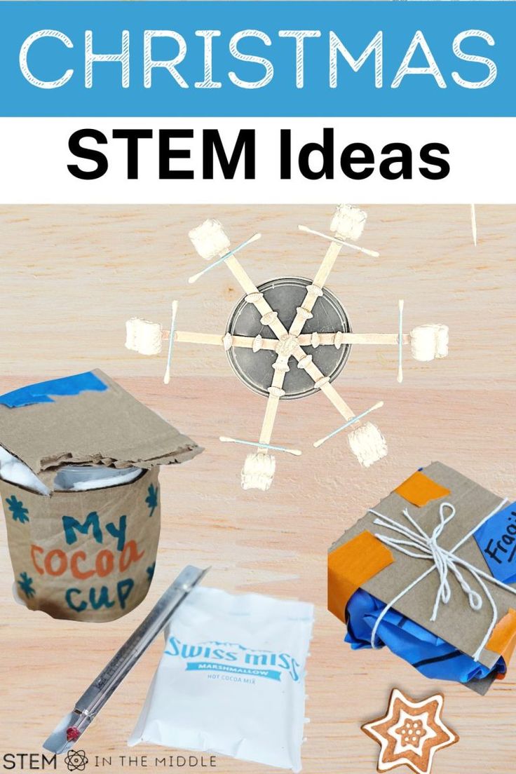 This image shows several winter-themed DIY projects, including a snowflake, a cocoa cup, and a package. The text reads "Christmas STEM Ideas." Holiday Stem Activities Elementary, Stem Activities For High School Students, Winter Stem Activities Middle School, Christmas Stem Activities Middle School, Middle School Christmas Activities, Stem For Middle School, Christmas Stem Activities Elementary, December Stem Activities, Christmas Steam Activities