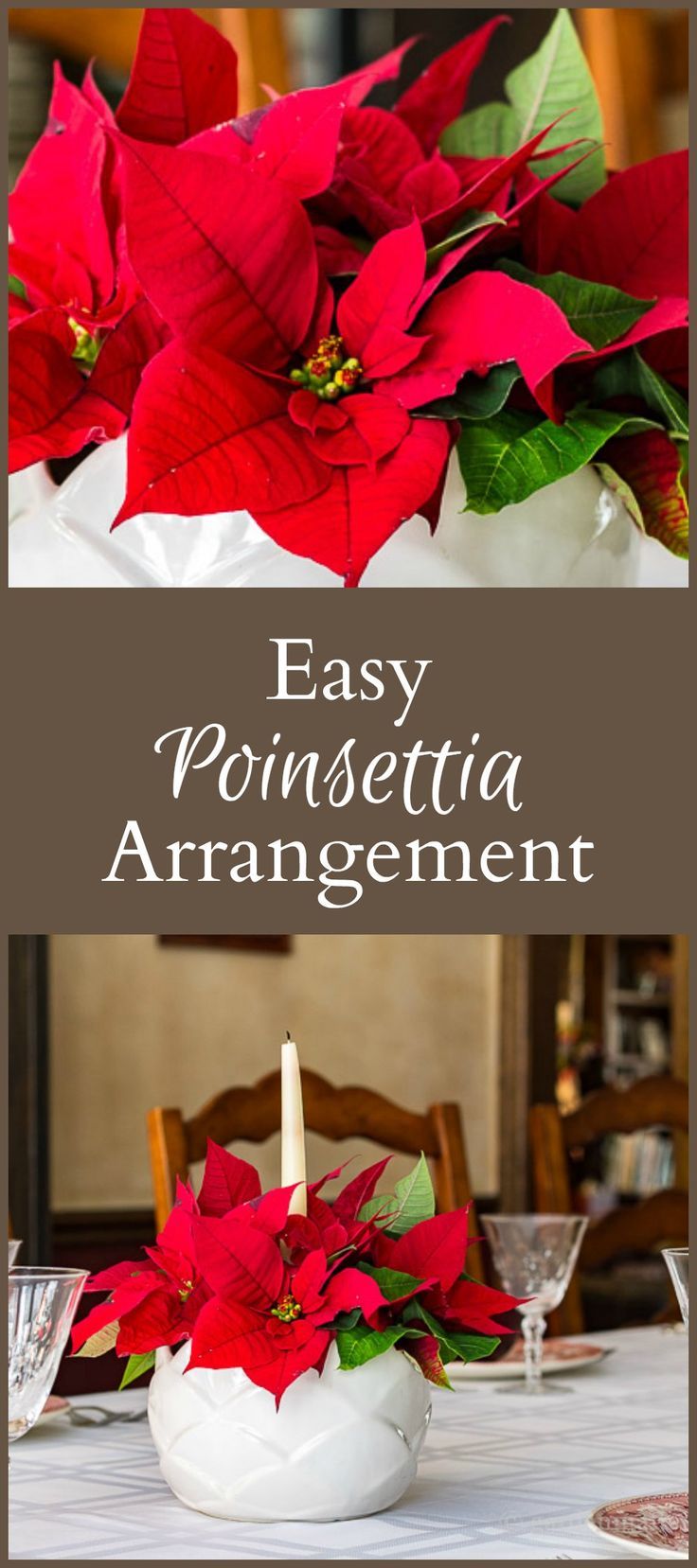 poinsettia arrangement in white bowl with candlesticks and greenery on table