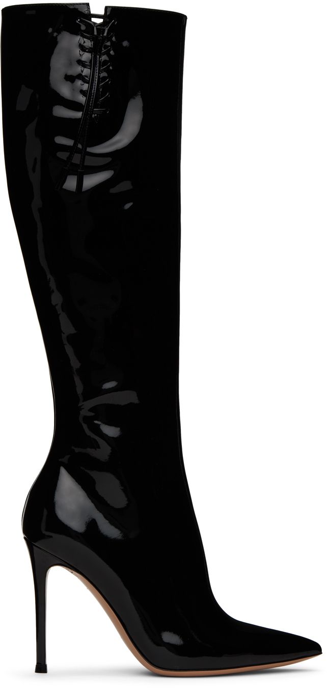 Find GIANVITO ROSSI Avril Boots on Editorialist. Handcrafted knee-high patent calfskin boots in black. · Pointed toe · Lace-up detailing at outer side · Zip closure at inner side · Buffed calfskin lining �· Covered stiletto heel with rubber injection · Leather sole · Heel: H4 in Supplier color: Black Knee High Boots High Heel, Long Blaxk Boots, Boots High Black, Tight Leather Knee High Boots, Pointy Knee Boots, Patent High Heel Boots, Knee High Patent Boots, High Heel Boots Long, Point Toe Heel Boots