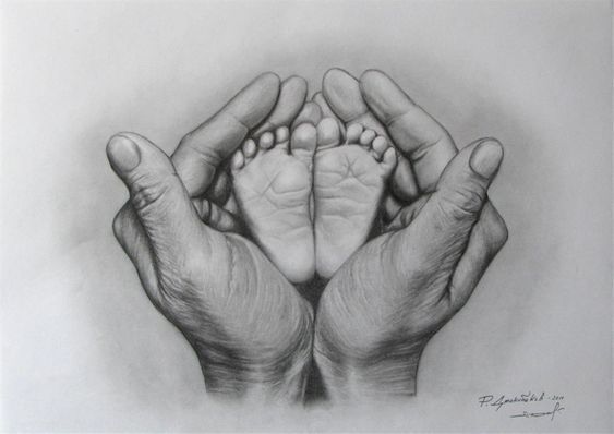 a drawing of two hands holding a baby's foot in the middle of their palms