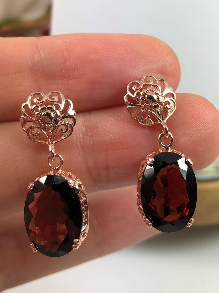 Natural Red Garnet Earrings, Rose-Gold plated Sterling Silver Filigree, Edward #E70, Vintage Reproduction Jewelry, Silver Embrace Jewelry Red Gem Earrings, Garnet Earrings Gold, Red Gem Jewelry, Victorian Red Oval Earrings, Red Oval Earrings For Formal Occasions, Formal Red Oval Earrings, Ornate Oval Earrings For Gift, Ornate Oval Earrings As Gift, Handmade Elegant Oval Pendant Earrings