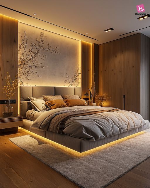 a large bed sitting in the middle of a bedroom next to a wall mounted painting