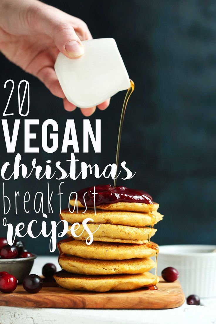 a stack of pancakes with syrup being drizzled over them and the words vegan christmas breakfast recipes