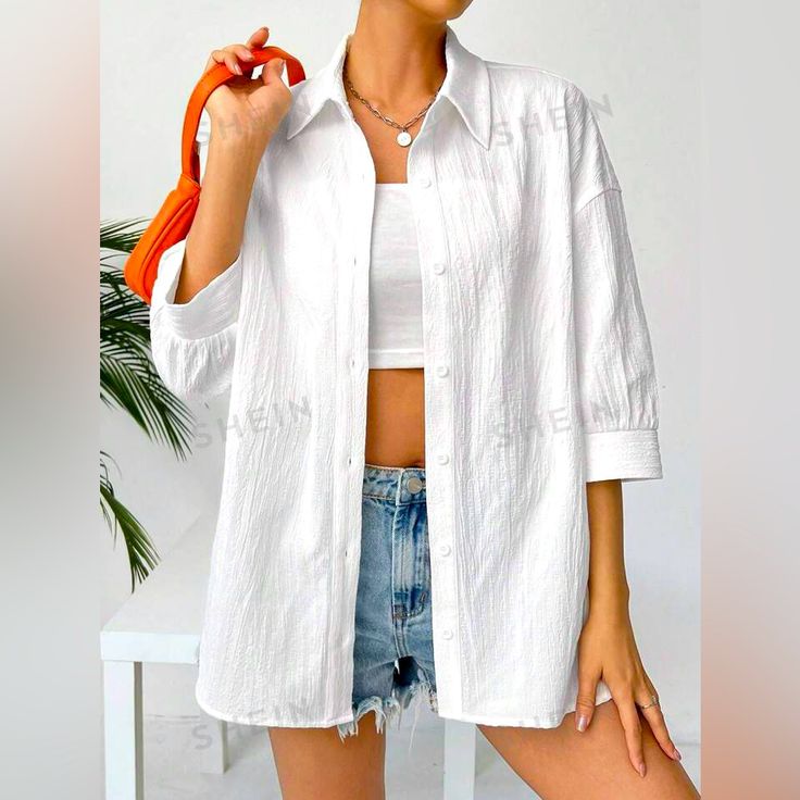 Color: White Style: Casual Pattern Type: Plain Type: Shirt Details: Button Neckline: Shirt Collar Sleeve Length: Half Sleeve Sleeve Type: Drop Shoulder Length: Regular Fit Type: Loose Fabric: Non-Stretch Material: Woven Fabric Composition: 97% Polyester, 3% Elastane Care Instructions: Machine Wash Or Professional Dry Clean Sheer:No Summer Vacation Shirt With Button Closure, Beach Button-up Shirt With Pockets, Button-up Beach Shirt With Pockets, Summer Beach Shirt With Button Closure, White Summer Shirt With Pockets, Trendy Collared Shirt For Beach Season, White Button-up Shirt For Summer, Vacation Button-up Shirt, Button-up Tops With Pockets For Beach Season