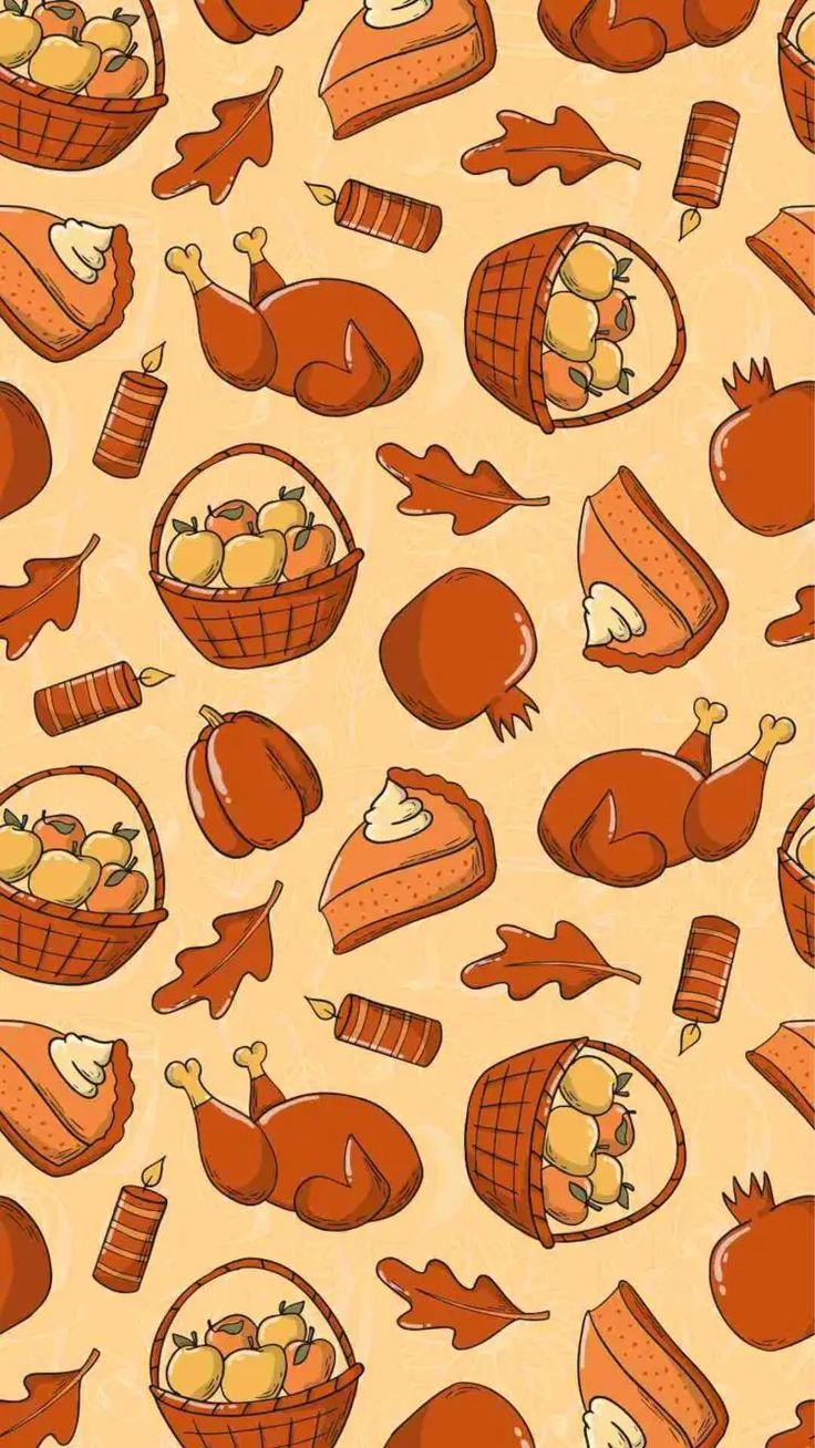 an orange and yellow thanksgiving pattern with turkeys, apples, hotdogs and corn dogs