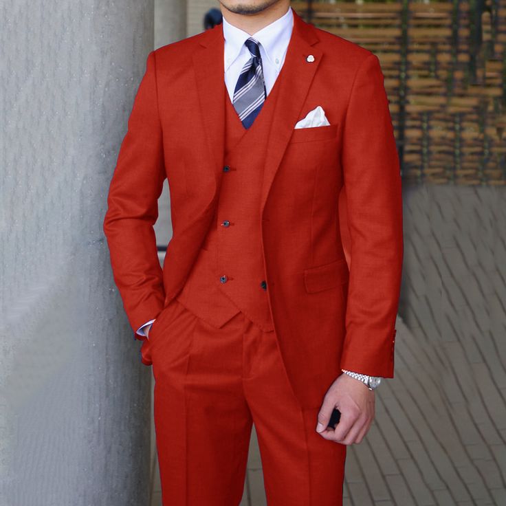 Sweetearing Men's Suit is a blend of sophistication and style. This suit features a slim-fit design, accentuating a sleek and modern silhouette. The solid color and distinguished peak lapel combine for a timeless and sophisticated look. The three-piece set design saves you the trouble of matching. It's the epitome of a well-tailored suit, perfect for the man seeking a sharp and distinguished appearance. Fabric Material: 65% Polyester Care: 9 Button & Peak Lapel Package: 1*Jacket +1*Vest+ 1*Pants Tailored Red Double Breasted Suit For Work, Red Tailored Double Breasted Suit, Red Double Breasted Suit With Notch Lapel For Work, Solid Notch Lapel Suits For Wedding, Solid Color Notch Lapel Suits For Wedding, Red Double Breasted Notch Lapel Suit For Work, Solid Color Wedding Suit With Notch Lapel, Fitted Red Suit For Groom, Red Fitted Suit For Groom