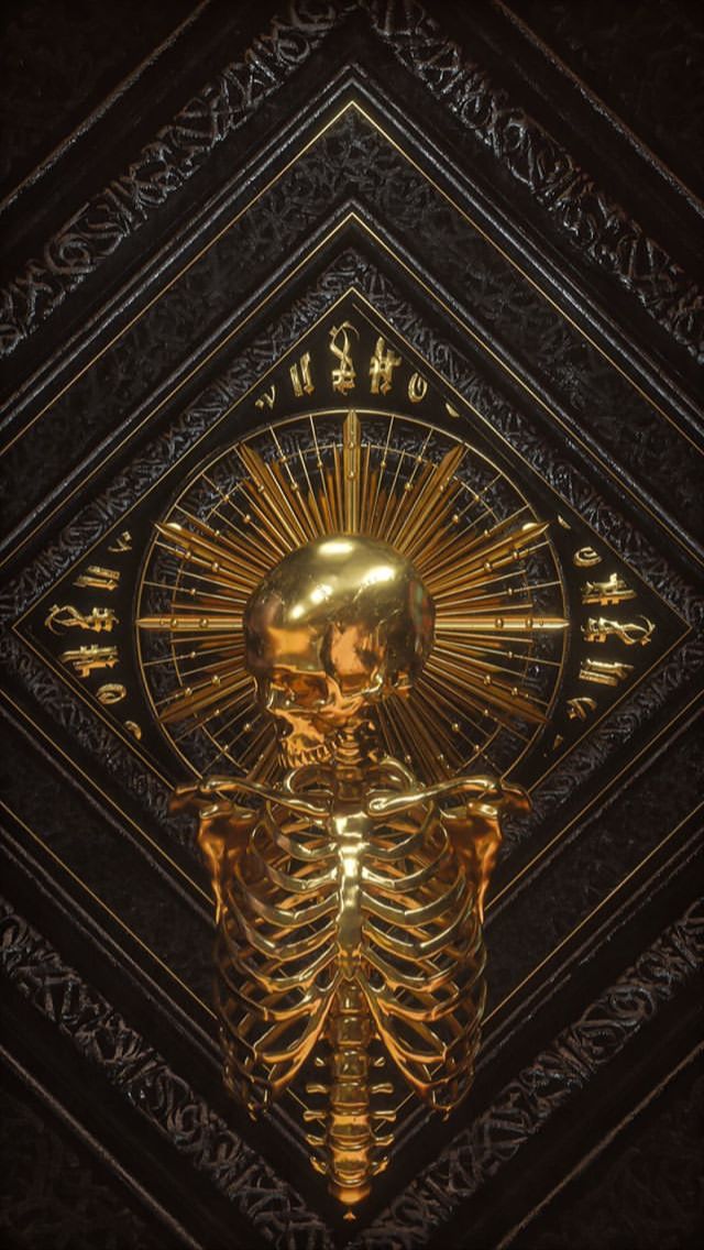 a golden skeleton is in the center of a black and gold geometrical background with an intricate design