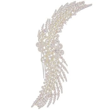 Give your big day an extra touch of elegance and enchantment with Pearl & Rhinestone Comb Head Piece. This headpiece offers shimmer, sparkle, and shine that will give your aisle style an extra boost of enhancement. Just slip the attached combs into your hair and turn even the simplest of hairstyles into something regal.     Dimensions:   Length: 5 1/2"  Width: 2"  Thickness: 1 1/4" Glamorous Rhinestone Headpiece For Wedding, Glamorous Rhinestone Wedding Headpiece, Glamorous Wedding Headpiece With Rhinestones, Elegant Silver Bedazzled Bridal Accessories, Elegant Bedazzled Silver Bridal Accessories, Elegant Bedazzled Bridal Accessories For Party, White Crystal Bridal Accessories With Rhinestones, Elegant Crystal Headpieces For Weddings, Elegant Crystal Hair Accessories For Party