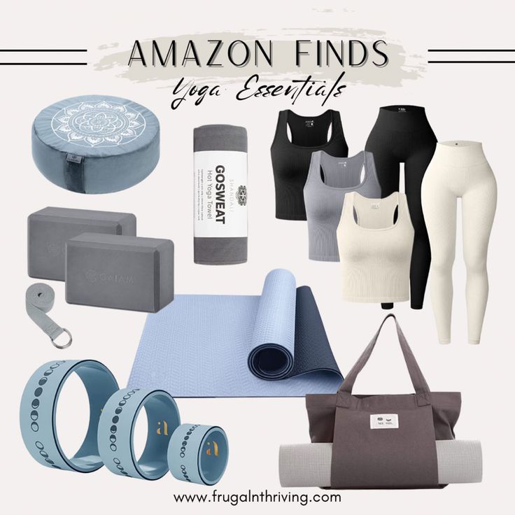 an assortment of yoga gear including bras, mats, and other things to wear