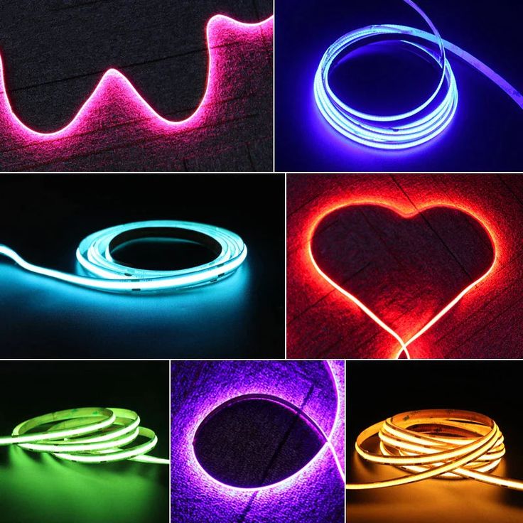 four different colors of neon lights in the shape of a heart, and one with a cord