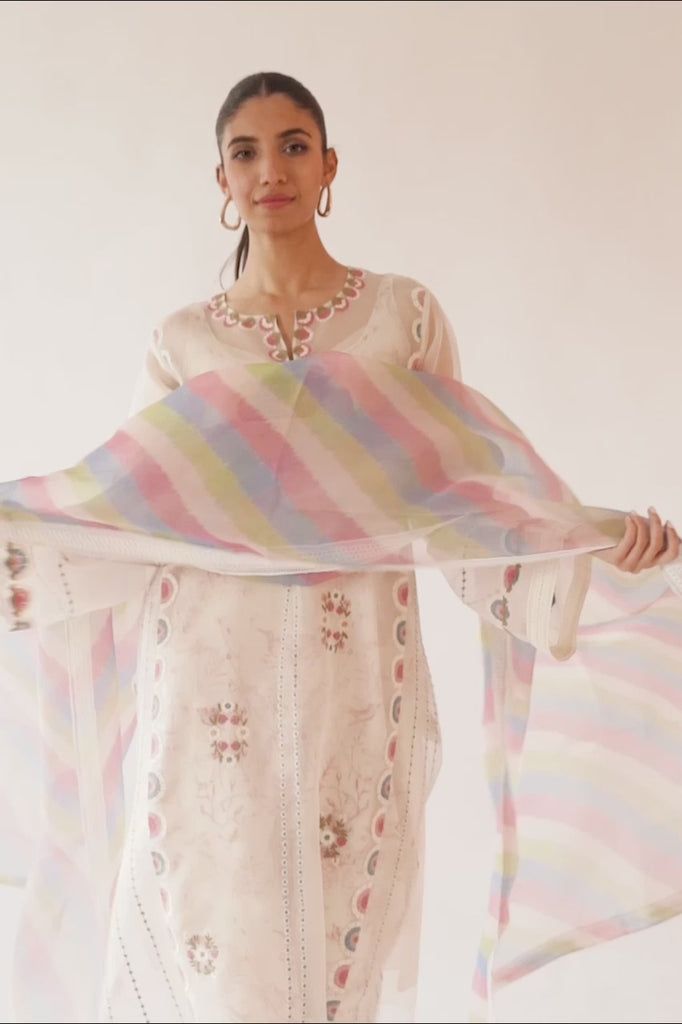 Margaret – Sania Maskatiya International Designer White Salwar Kameez With Printed Motifs, Multicolor Sets With Sheer Dupatta, Spring Multicolor Kurta With Sheer Dupatta, Designer White Sets With Printed Motifs, Designer White Dupatta With Printed Motifs, White Cotton Silk Salwar Kameez For Spring, White Mulmul Sets With Sheer Dupatta, White Mulmul Kurta With Sheer Dupatta, White Kurta With Sheer Dupatta In Mulmul