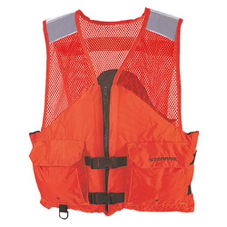 an orange life jacket with reflective mesh on the front and back, attached to a white background