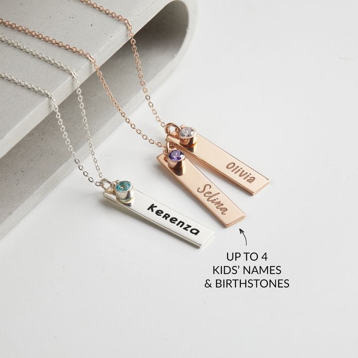 I T E M ∙ D E T A I L S *Material: Solid 925 Sterling Silver and Chain and pendant are 100% sterling silver *Finishing: Silver - Yellow Gold - Rose Gold *Bar measures approx. 1 1/4" x 1/4" (32 x 6.5mm) *Word limits: 1-2 words/side *By default, silver item comes with BLACK engraving and gold-plated item comes with CLEAR engraving H O W ∙ T O ∙ O R D E R * Choose your finishing color and the number of charms/stones from the drop down menu. * Select your necklace length * Leave us the kids' names & Necklace With Kids Names, Children Names, Family Birthstone Necklace, Rose Gold Bar, Mother Necklace, Engraved Bar Necklace, Custom Birthday Gifts, Custom Christmas Gifts, Birthday Gift For Mom