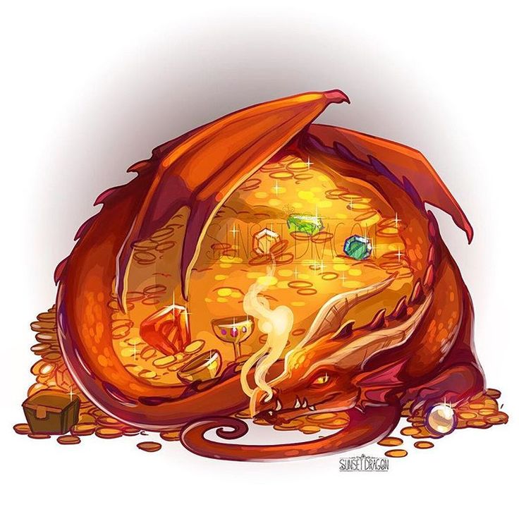 an orange dragon sitting on top of a pile of gold coins with other items around it