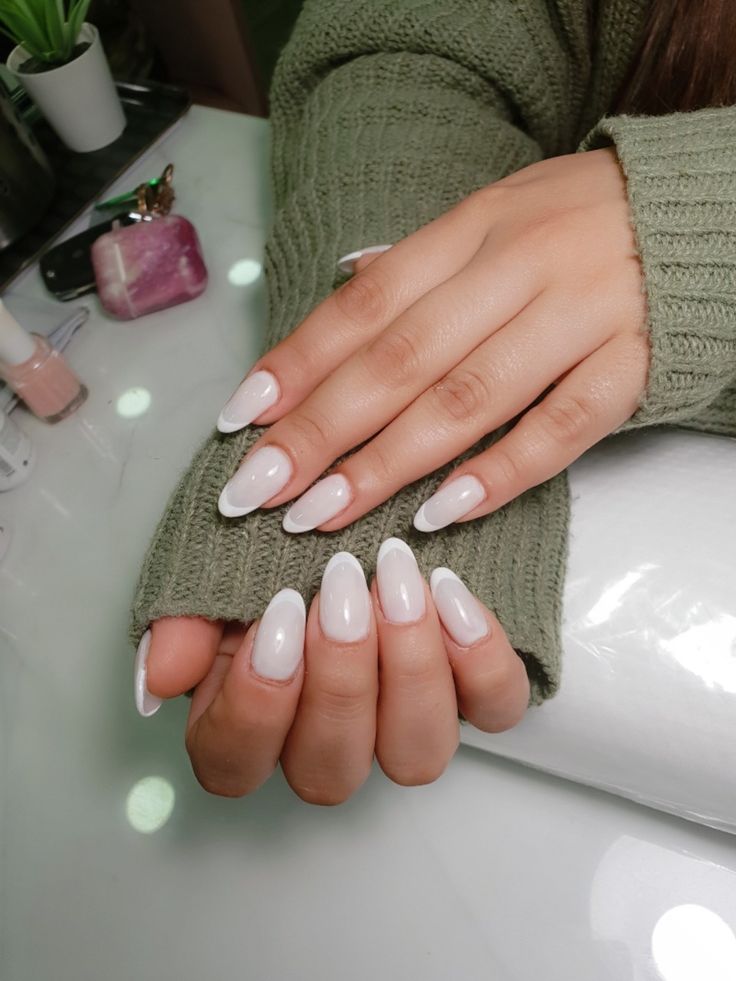 Marshmallow French on an acrylic nails White Base With White French Tip, Marshmallow White French Nails, Marshmallow White Nails Acrylic, Milky White Nails With French Tip Almond, White French Manicure Almond Nails, Marshmallow French Tip Nails, Cloudy French Nails, Milky White Base French Tip Nails, Milky White Nails White French