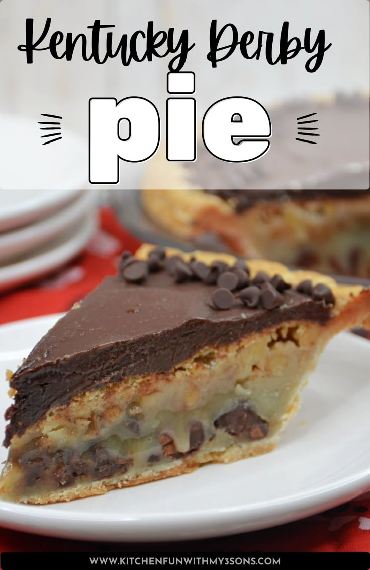 a slice of kentucky derby pie on a white plate with chocolate chips and oreo crust